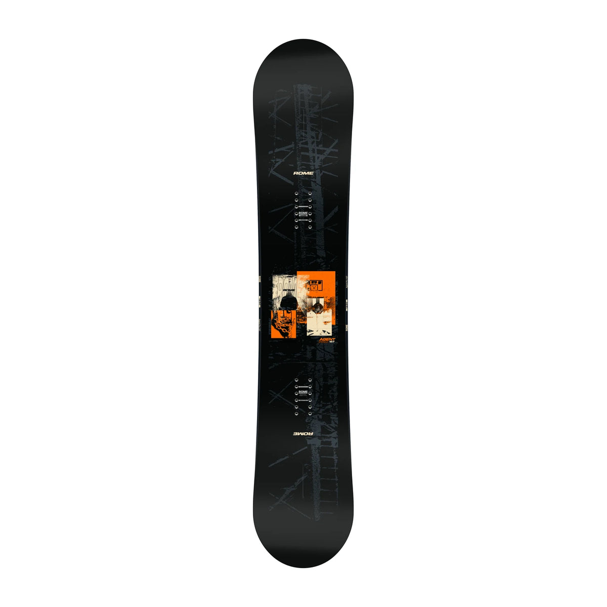 Top view of the Rome Agent Pro 2027 men's snowboard with a sleek graphic design and durable construction for all-mountain riding.