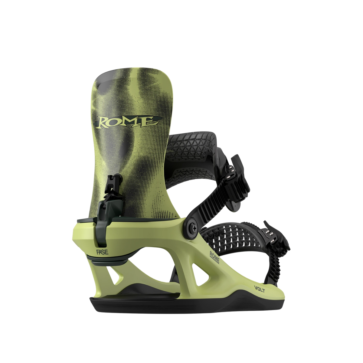 Rome Volt FASE snowboard bindings for men, acid color, featuring adjustable straps and high-performance hardgoods binding design.