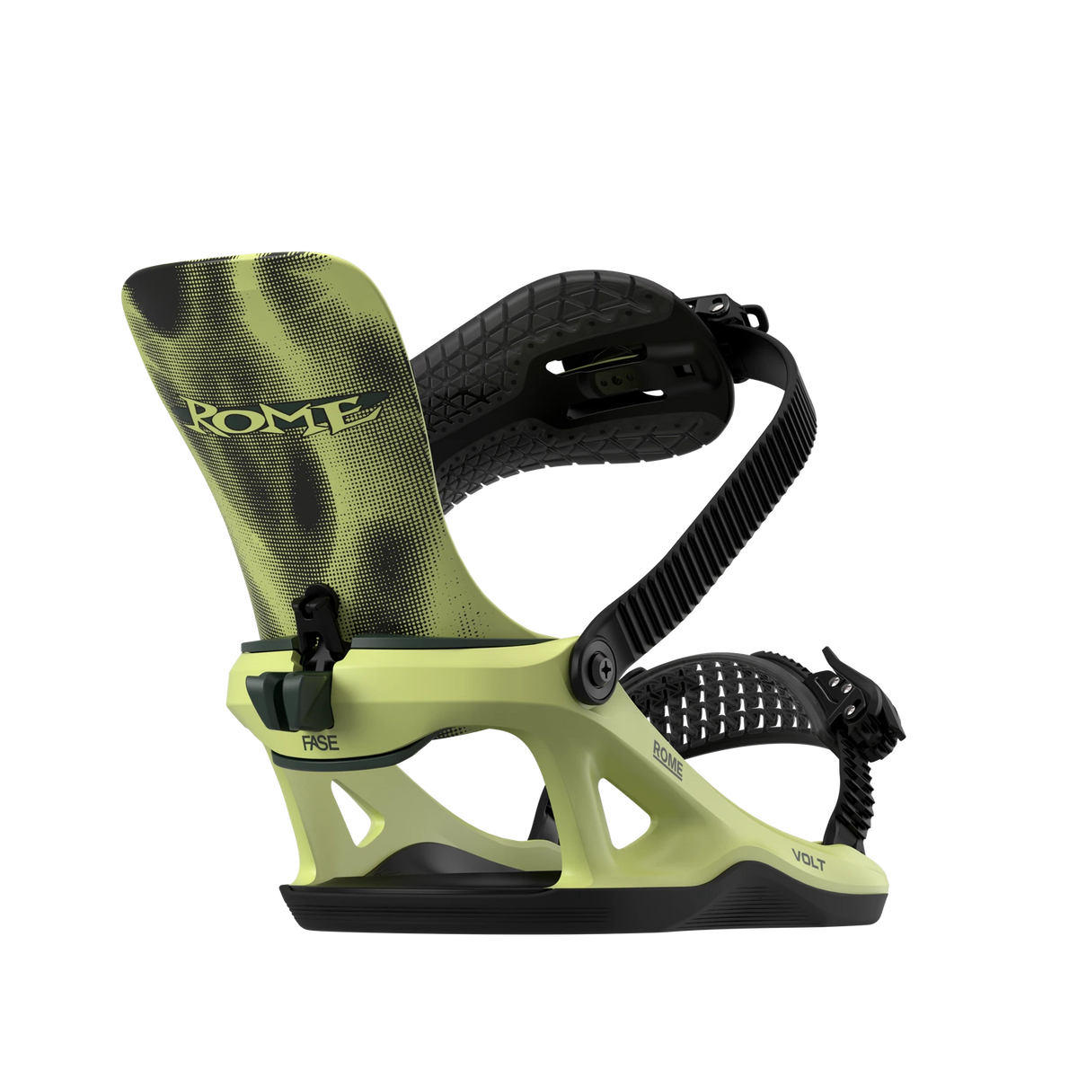 Rome Volt FASE snowboard bindings for men, acid color, rear open view showing straps and high-back support.