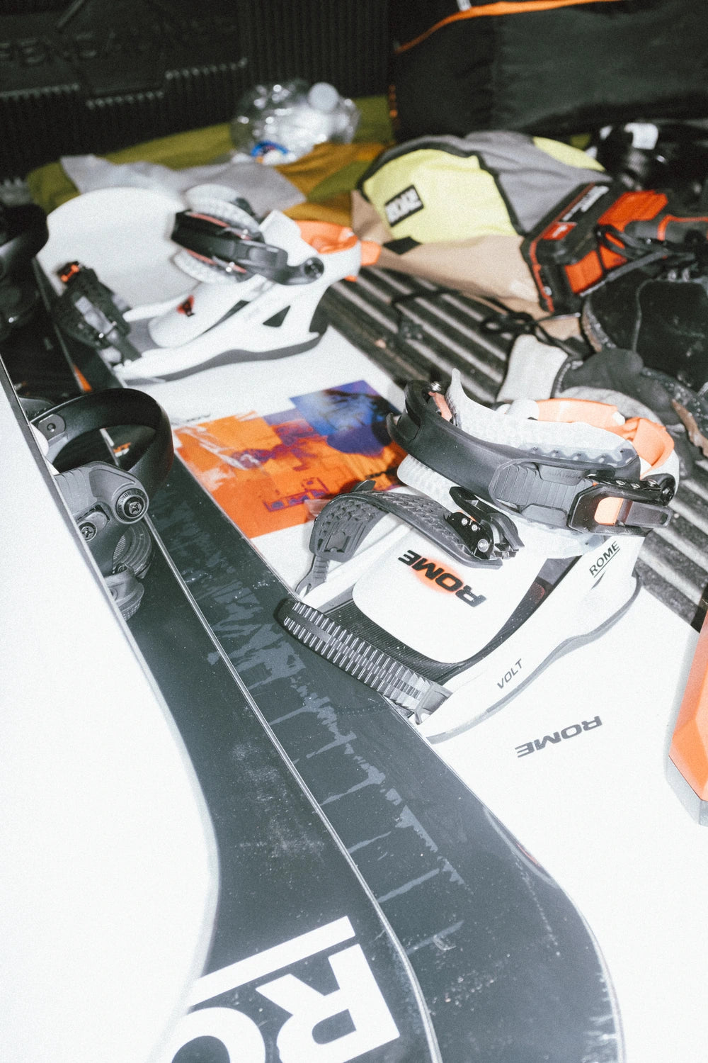 Rome Volt FASE snowboard bindings for men, in stone color, featuring durable hardgoods design and adjustable straps.