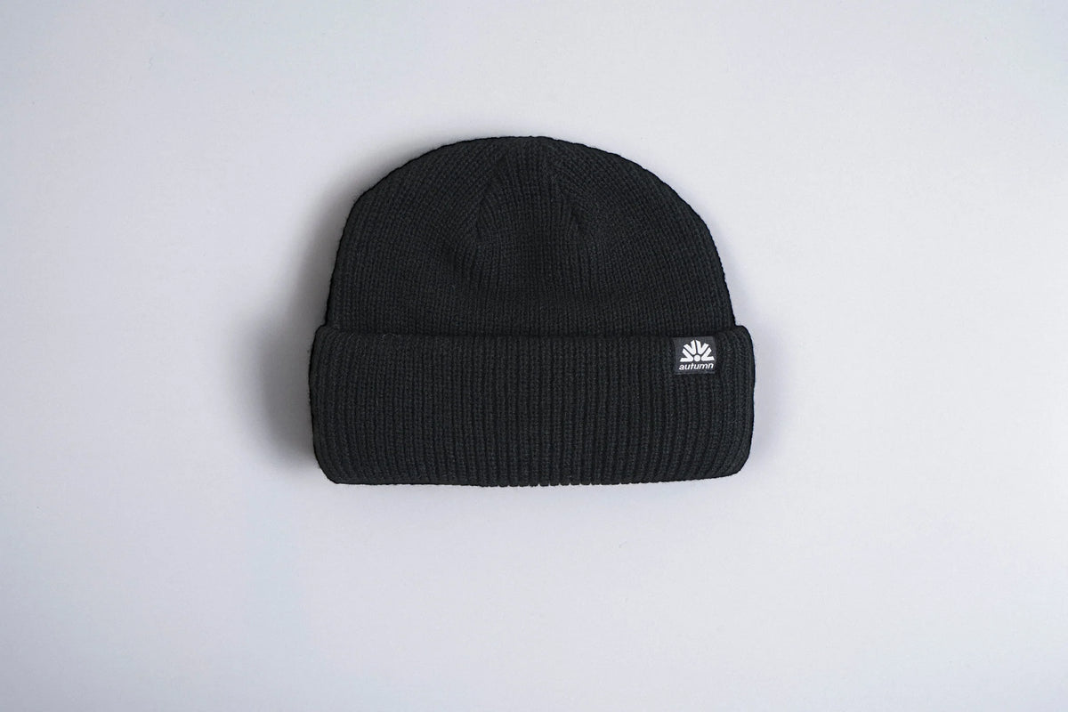Black Autumn Double Roll Beanie by Autumn Headwear, showcasing a cozy, layered knit design perfect for fall accessories.