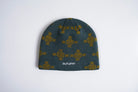 Slate-colored Autumn Glyphs beanie by Autumn Headwear featuring a stylish knit pattern, perfect for cozy fall accessories.