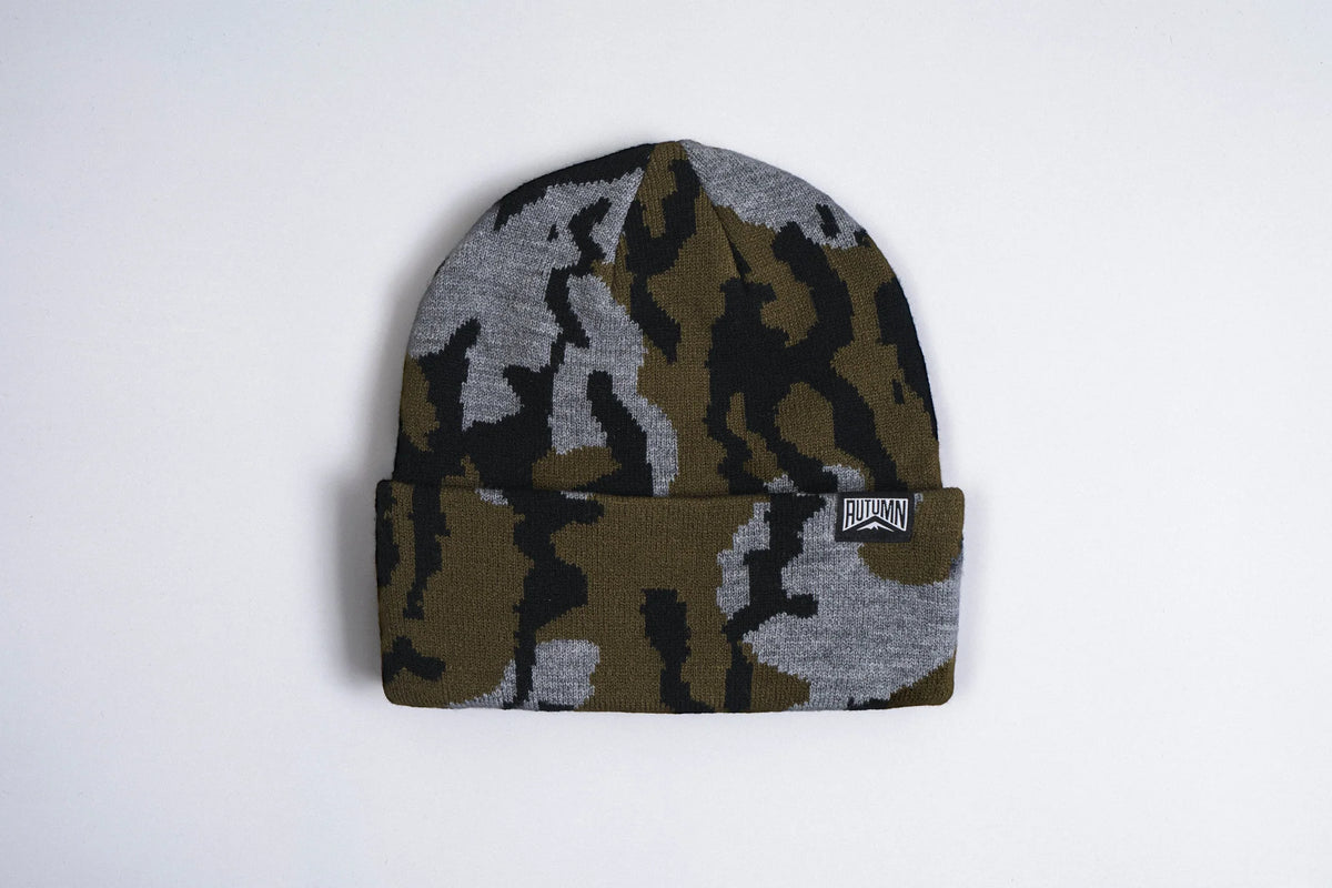 Autumn Old Growth Camo Beanie in cement color, stylish knit accessory from Autumn Headwear, perfect for cold weather.