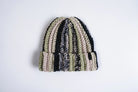 Autumn Headwear patchwork beanie in sandy beige, cozy knit accessory featuring colorful patchwork design for fall style.
