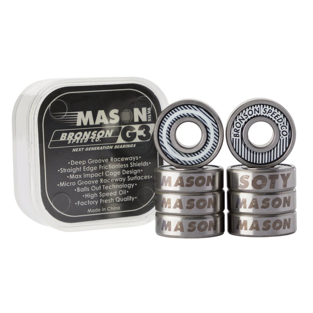 Bronson Speed Co. Mason Silva G3 skateboard bearings in branded packaging