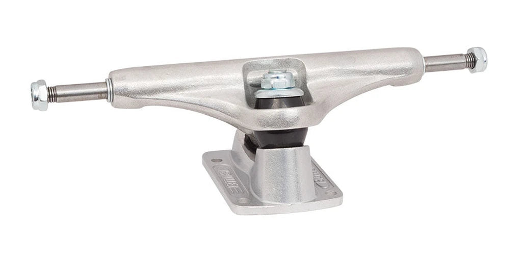 Bullet polished standard skateboard trucks 140 pair shown from the side, featuring a silver finish and traditional design