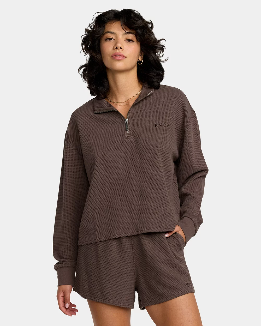 RVCA Womens Glory Waffle Long Sleeve Quarter Zip Shirt - People Skate and Snowboard