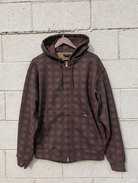 Public Snowboards men's brown plaid zip-up hoodie, casual sweatshirt with a front zipper and cozy fit, ideal for everyday wear.