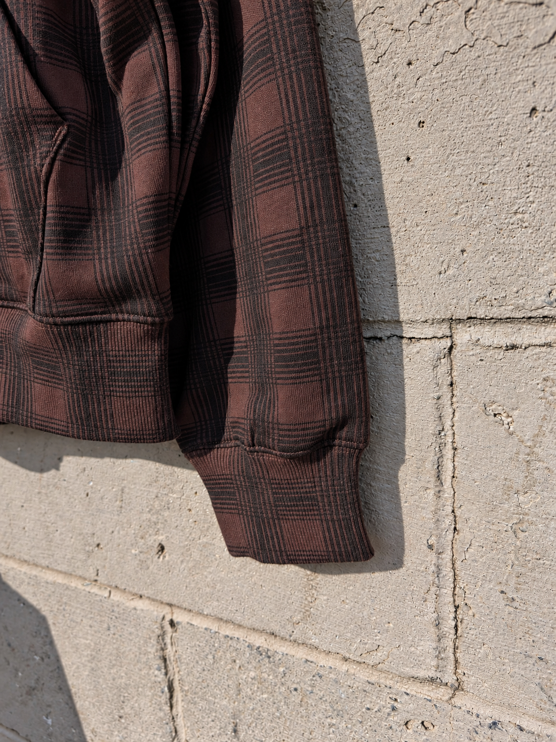 Public Snowboards men's brown plaid zip-up hoodie, stylish casual sweatshirt with a front zipper and cozy fabric.