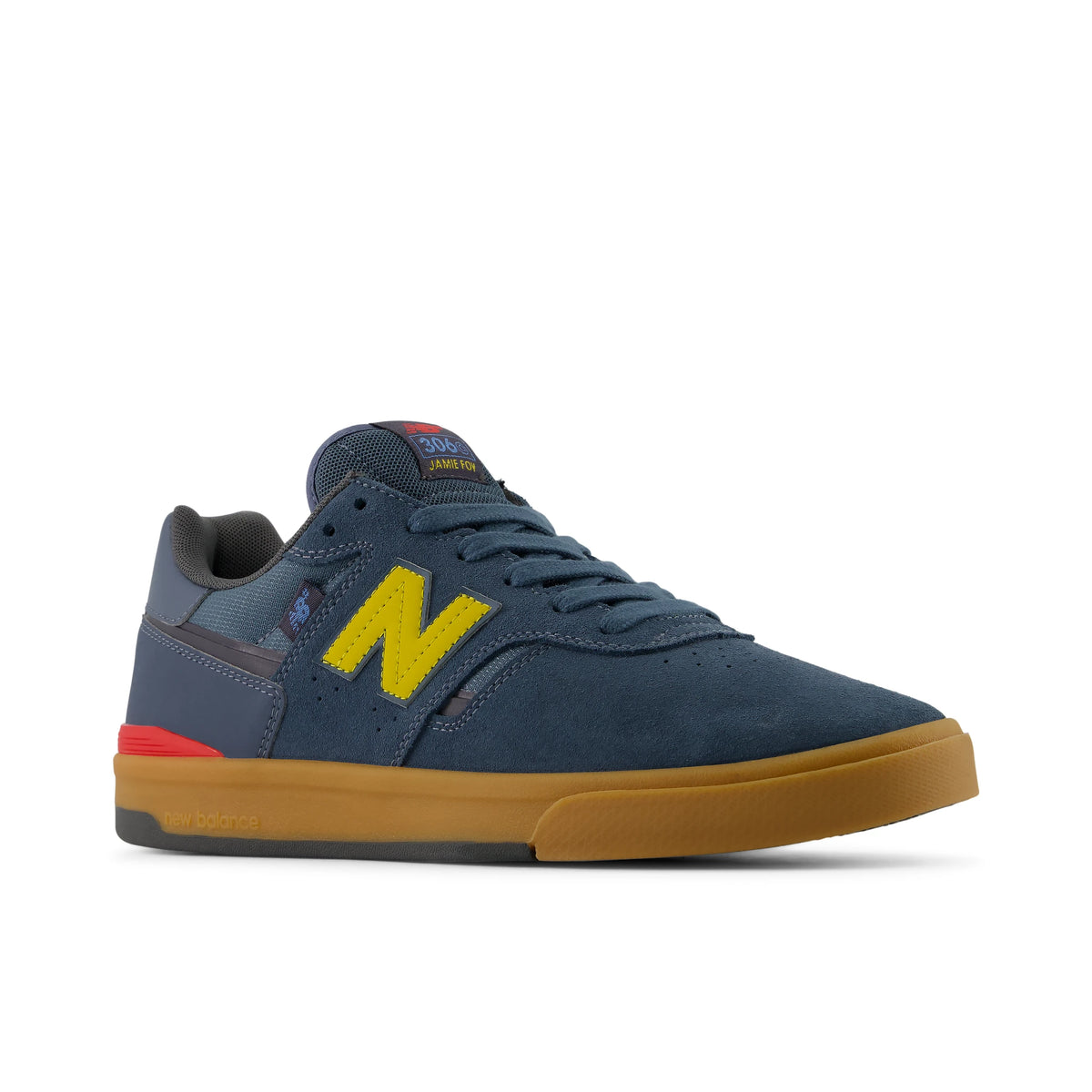 New Balance Numeric Jamie Foy 306C cupsole skate shoes in shadow blue and yellow, front angle view