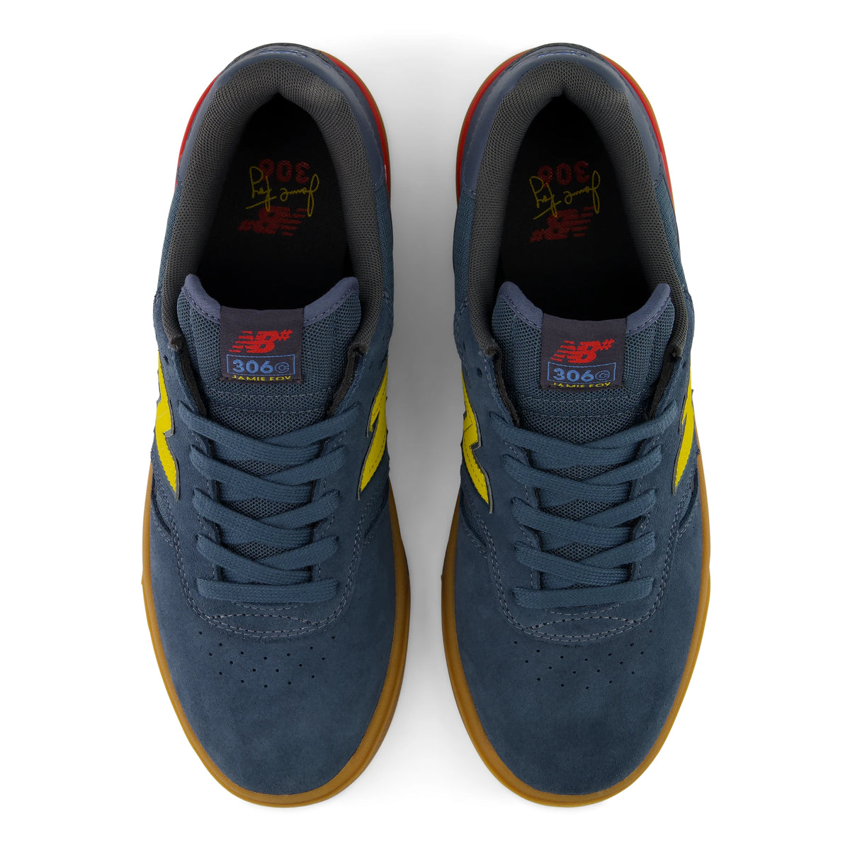 New Balance Numeric Jamie Foy 306C cupsole skate shoes in shadow blue and yellow, top view