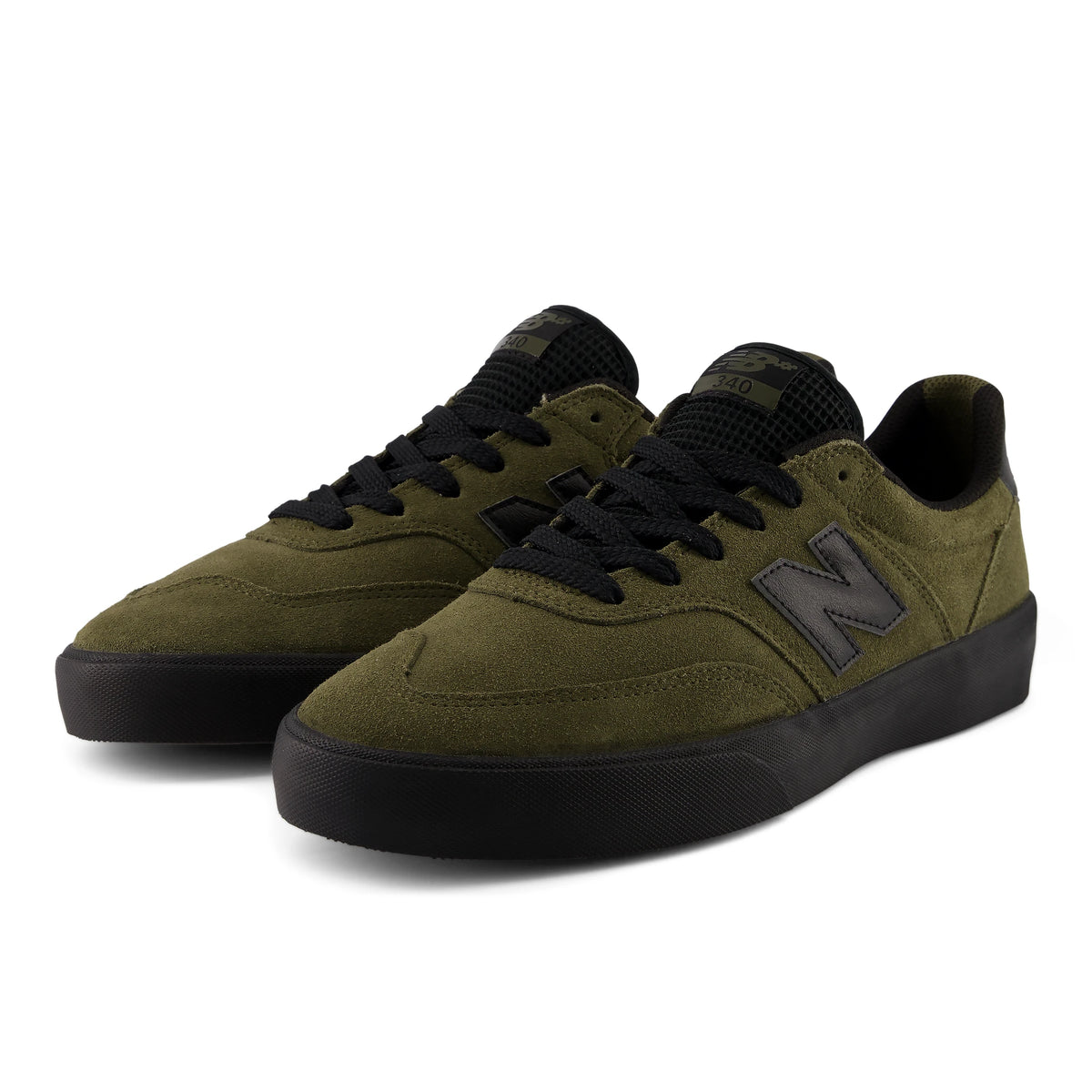 New Balance Numeric 340 men's skate shoes in olive and black, pair shown from front angle