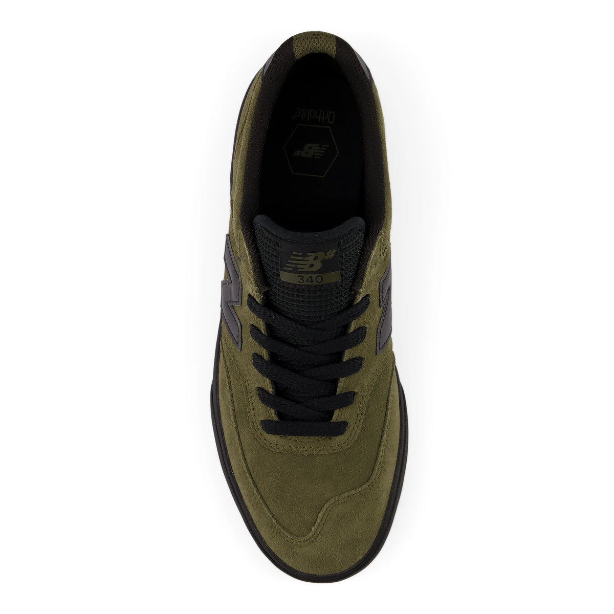 New Balance Numeric 340 men's skate shoes in olive and black, top view