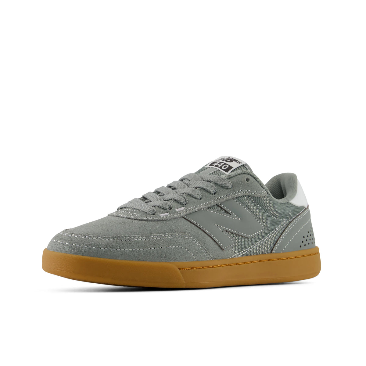 New Balance Numeric 440 V2 skate shoe in grey with gum outsole, angled side view