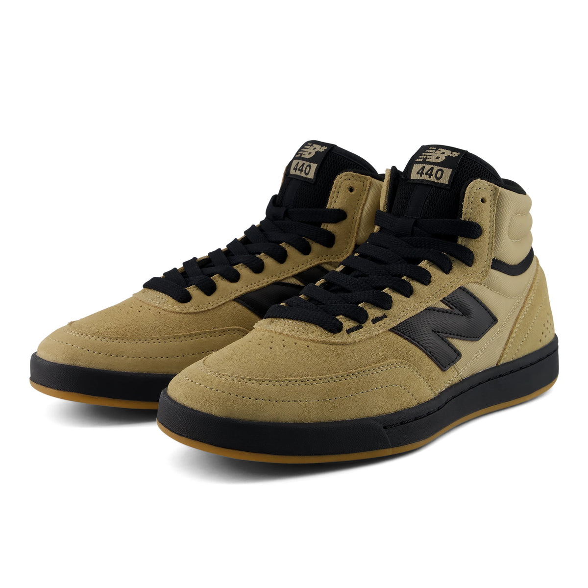 New Balance Numeric 440 High V2 skate shoes in sand and black, pair shown from front angle