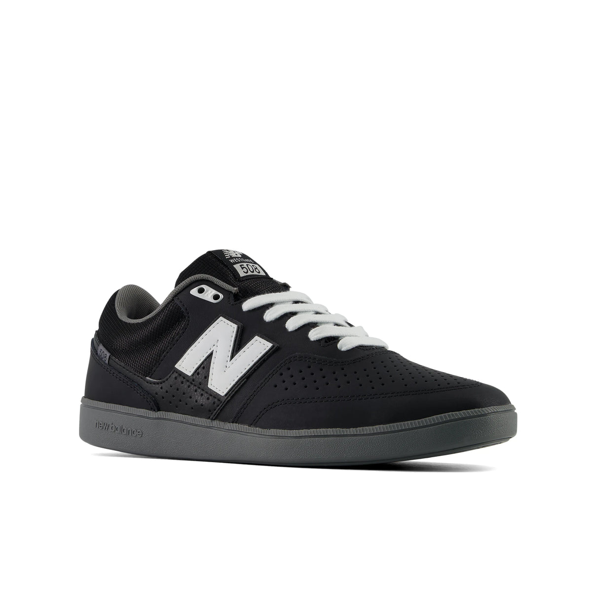 New Balance Numeric Brandon Westgate 508 skate shoes in black and white, front angle view