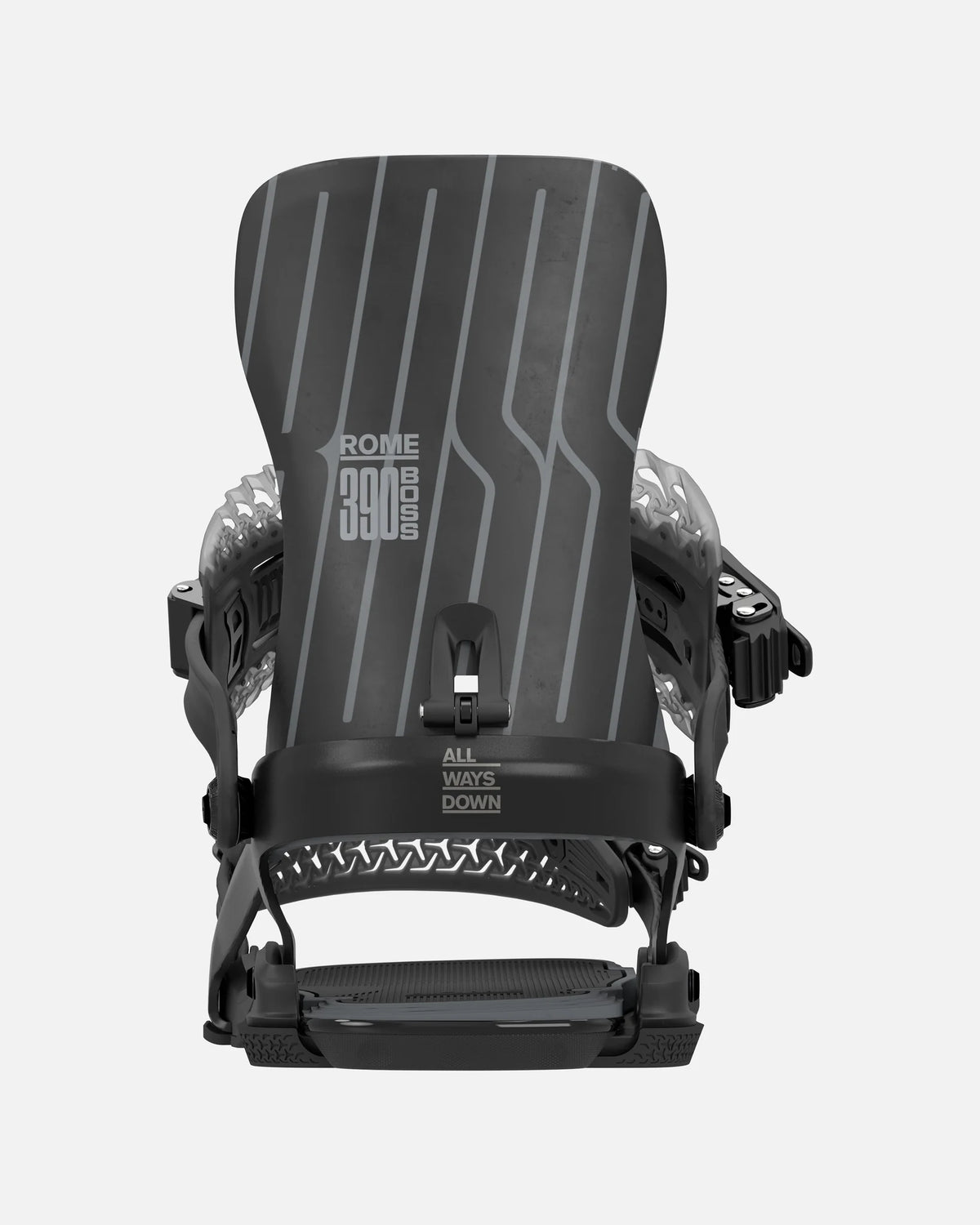 Rome 390 Boss AW snowboard bindings in black, close-up view