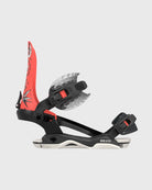 Rome Brass AW women’s snowboard bindings in Team colorway, side view with highback and ankle straps