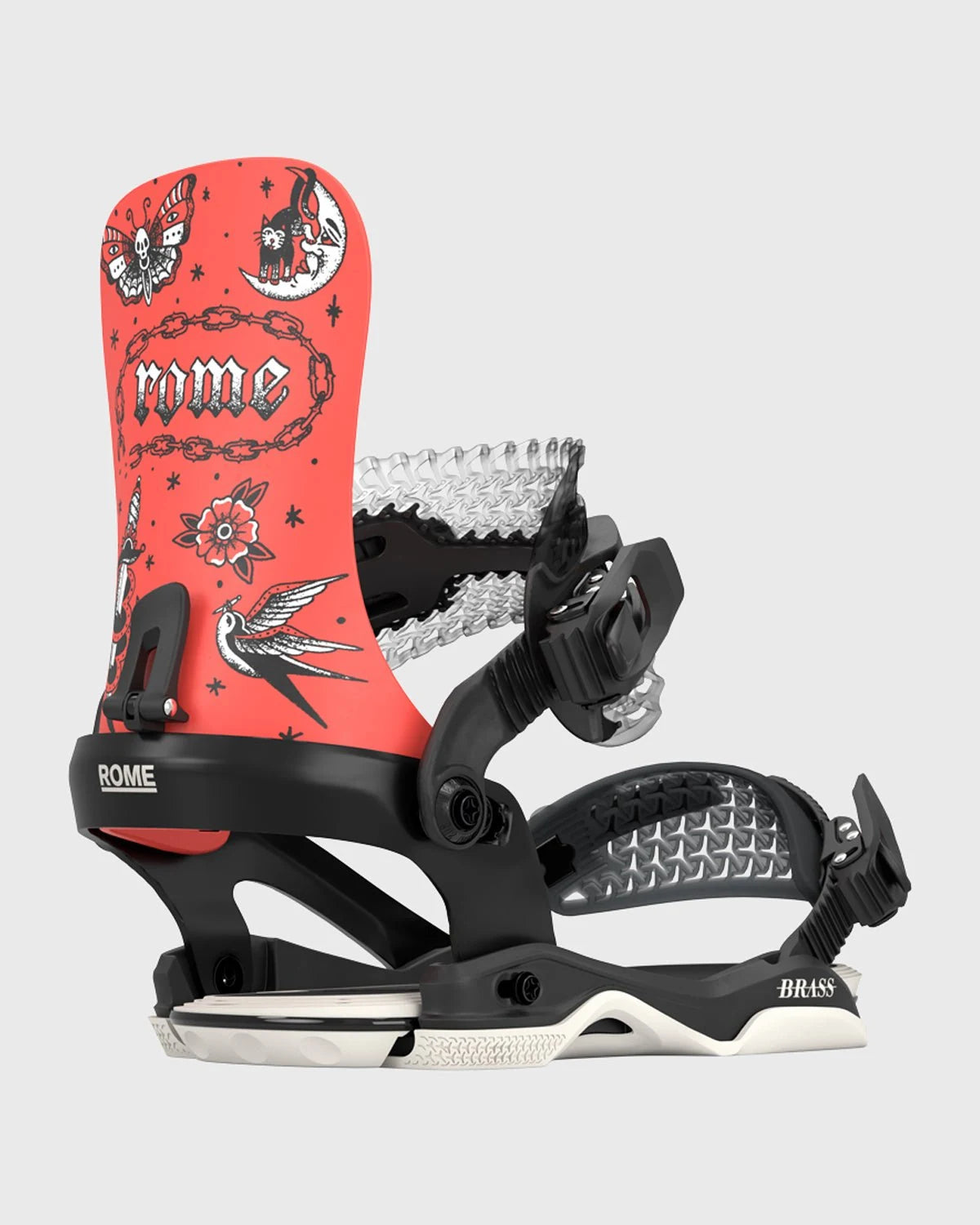 Rome Brass AW women’s snowboard bindings in Team design, shown from the side”】【