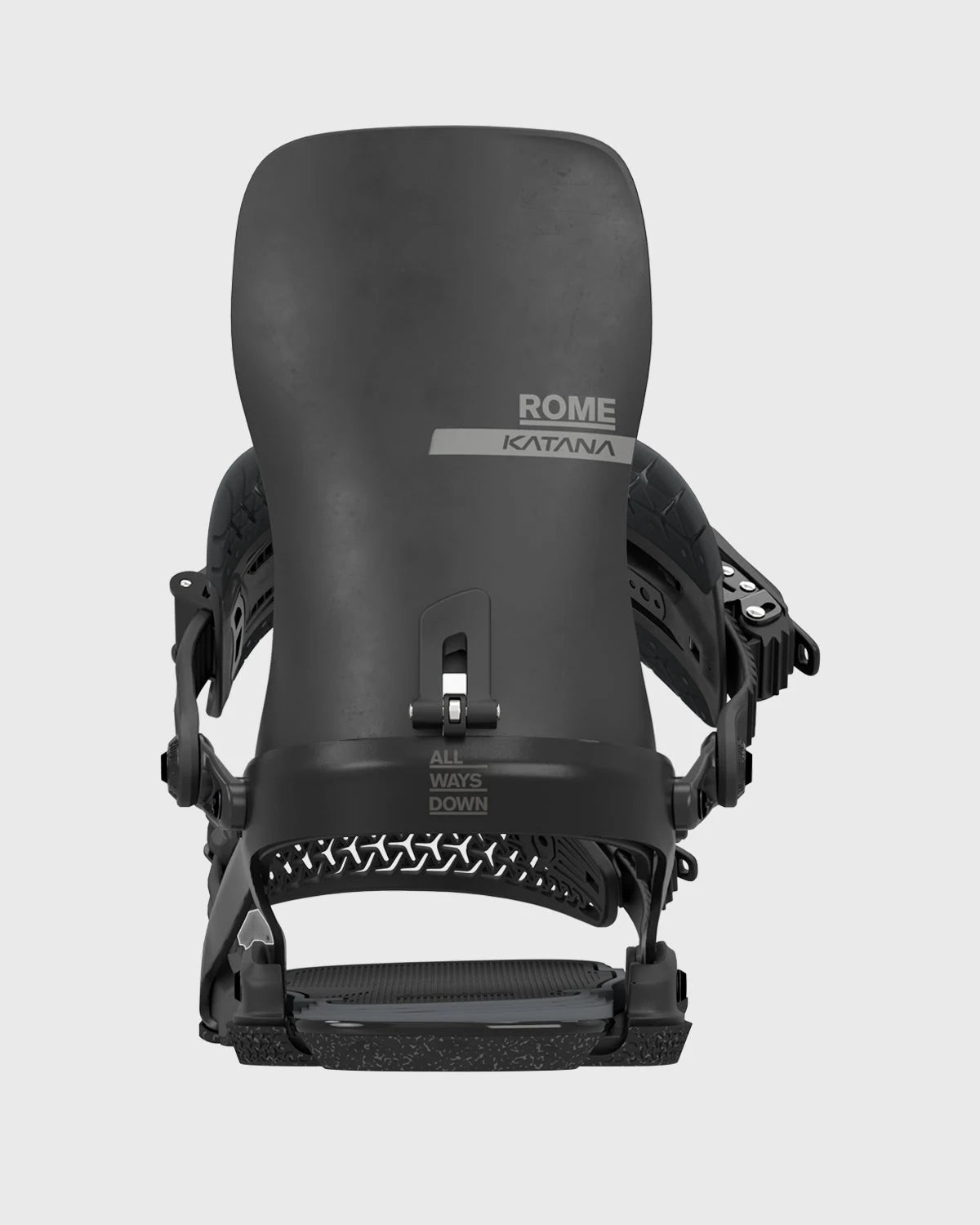 Rome Katana AW snowboard bindings in black, angled side view