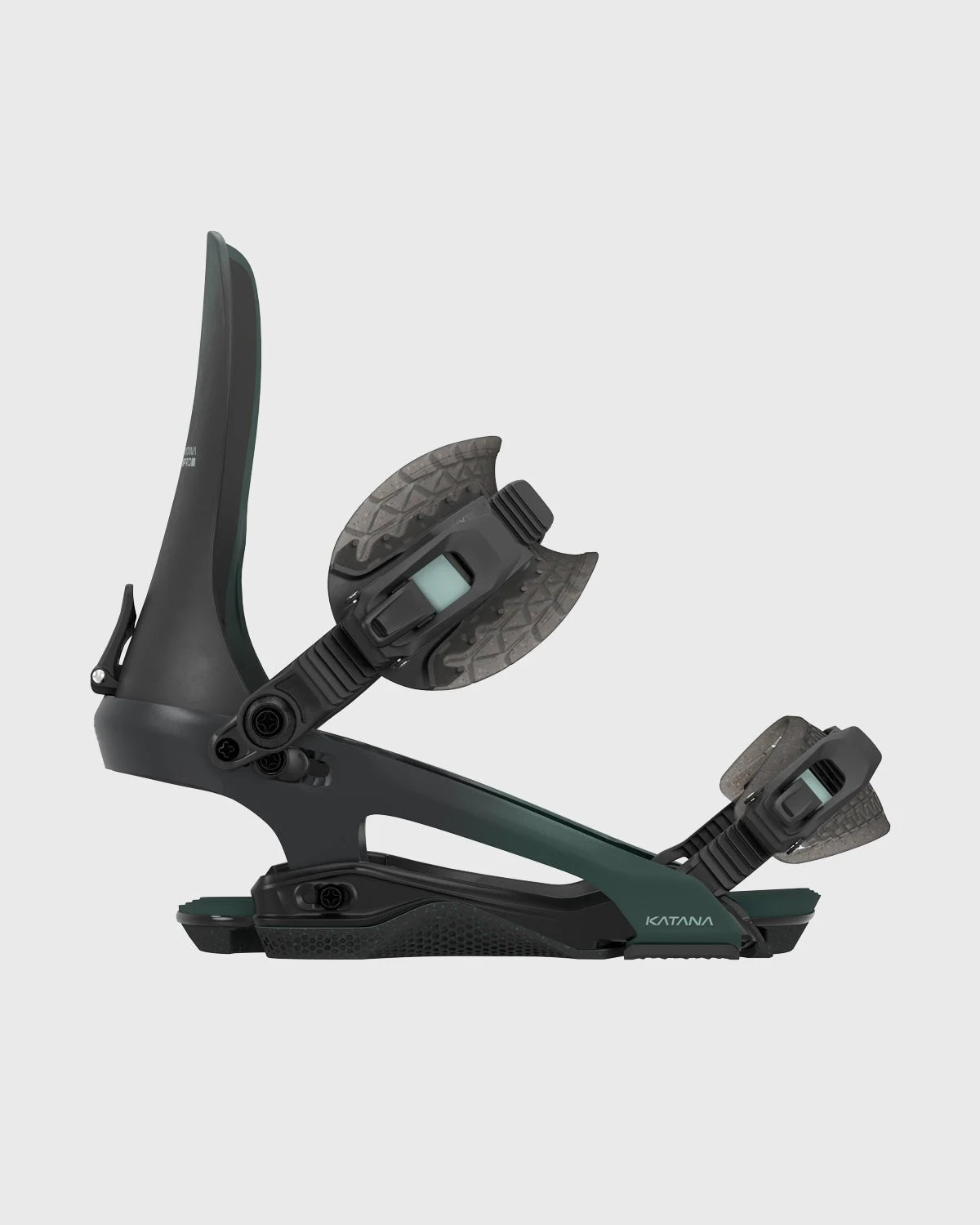 Rome Katana FW Pro snowboard bindings in black, showing highback, ankle straps, and baseplate