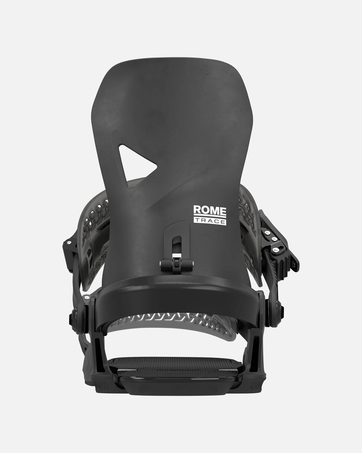 Rome Trace HW snowboard bindings in black, angled side view