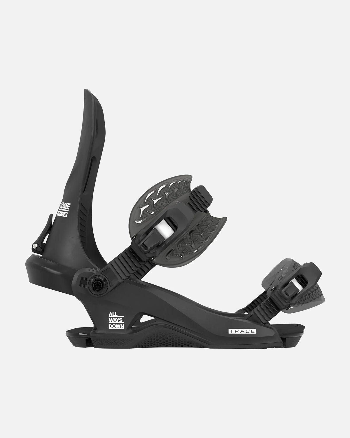 Rome Trace HW snowboard bindings in black, angled product view