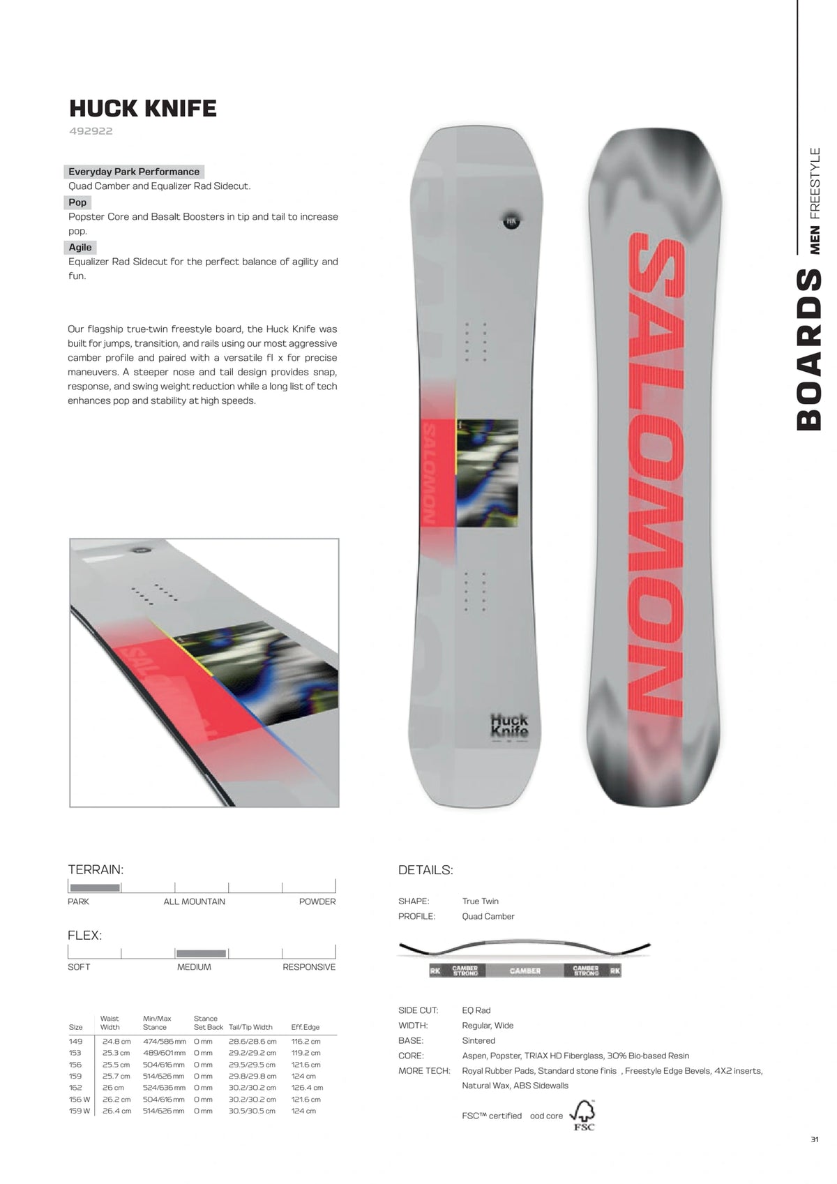 Salomon huck knife 2027 construction, camber, flex and board dimensions