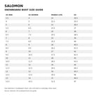 Salomon X Approach Lace SJ BOA snowboard boots size chart for men's and women's Mondo sizes