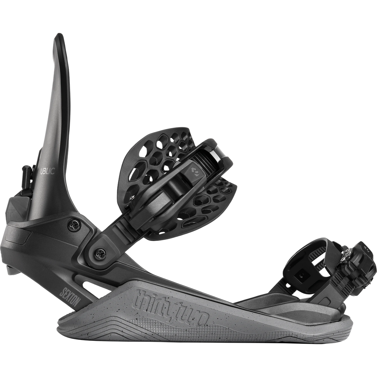 ThirtyTwo Basin FASE x Public snowboard bindings in black and gray, view 4