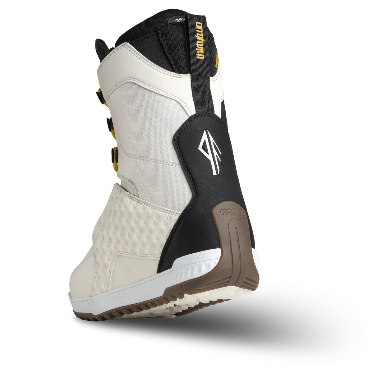 ThirtyTwo Lashed Fava snowboard boots in white, black, and yellow, side view