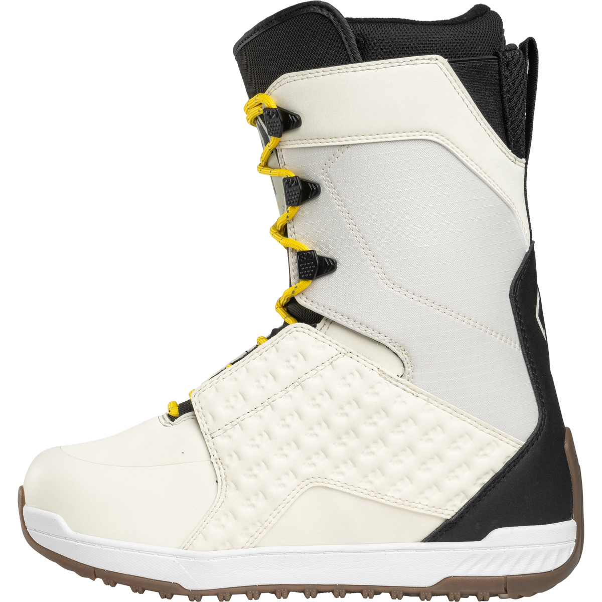 ThirtyTwo Lashed Fava snowboard boots in white, black, and yellow assigiinngits