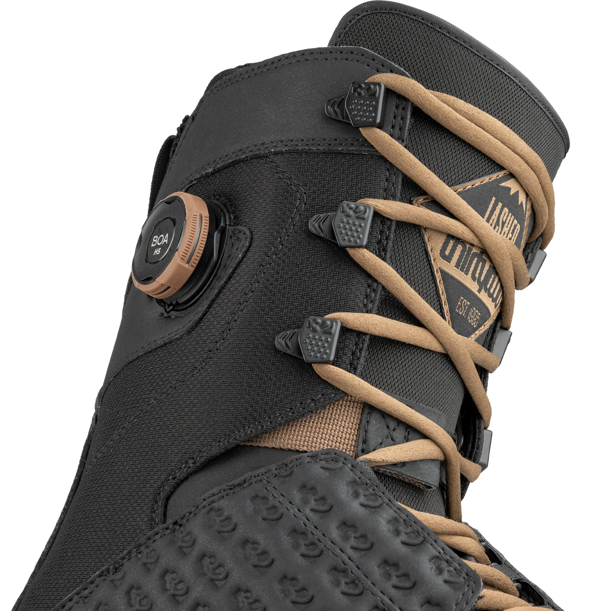 ThirtyTwo Lashed Hybrid snowboard boots in black and gum, side view