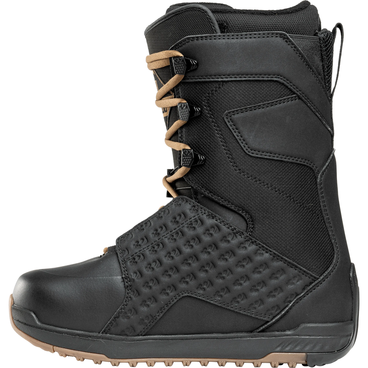 ThirtyTwo Lashed Hybrid snowboard boots in black and gum with rugged sole and padded ankle support