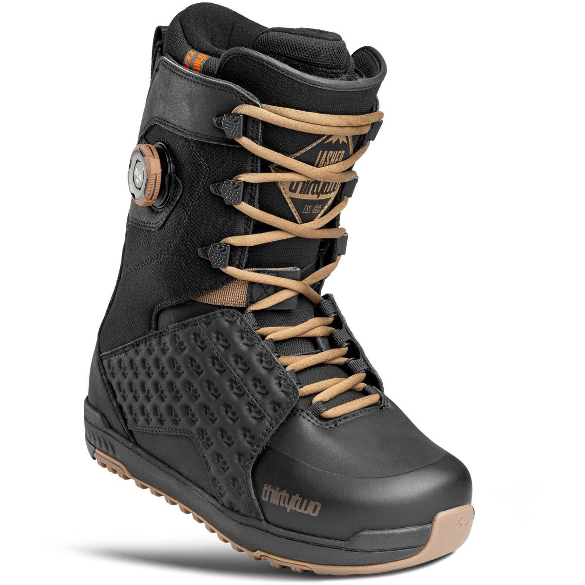 ThirtyTwo Lashed Hybrid snowboard boots in black and gum with durable lacing system