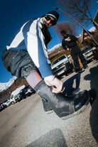 ThirtyTwo STW Double BOA x Public snowboard boots in black denim, lifestyle view