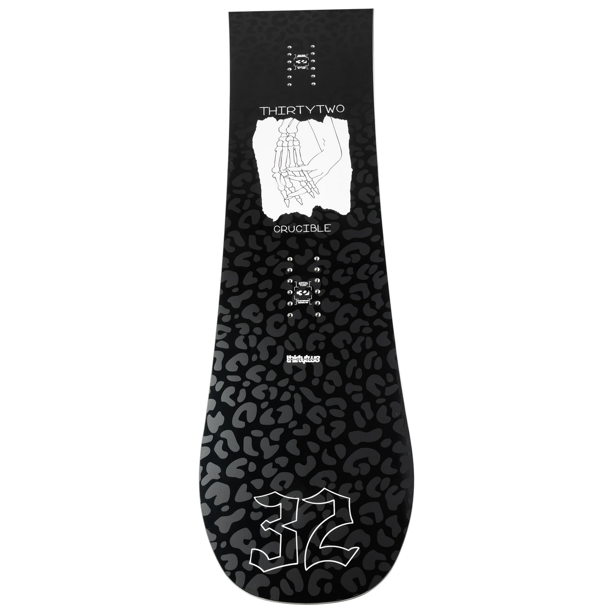 ThirtyTwo women's Crucible snowboard view 2, directional board with black and white graphic design