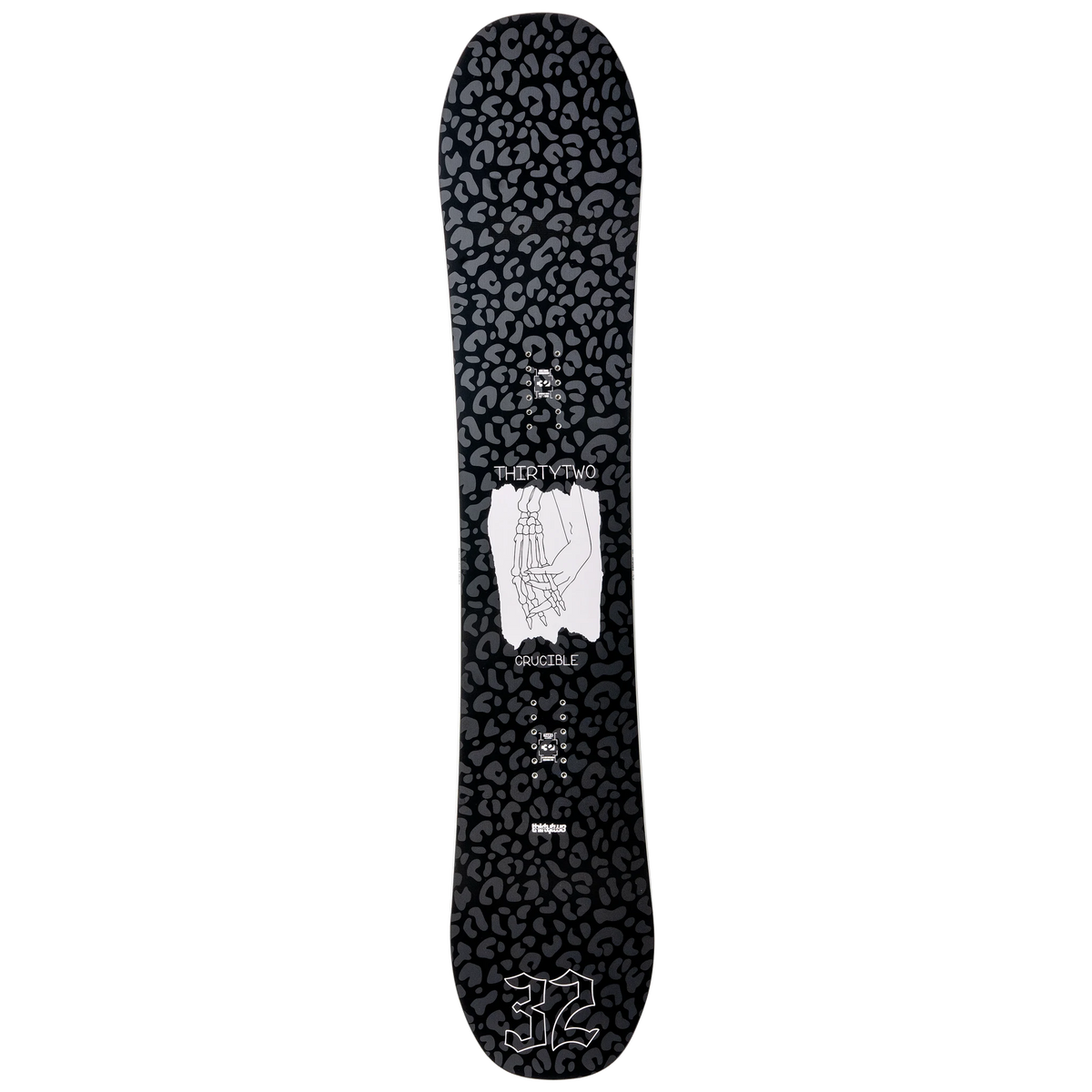 ThirtyTwo women’s Crucible snowboard, full board view with directional shape and graphic topsheet