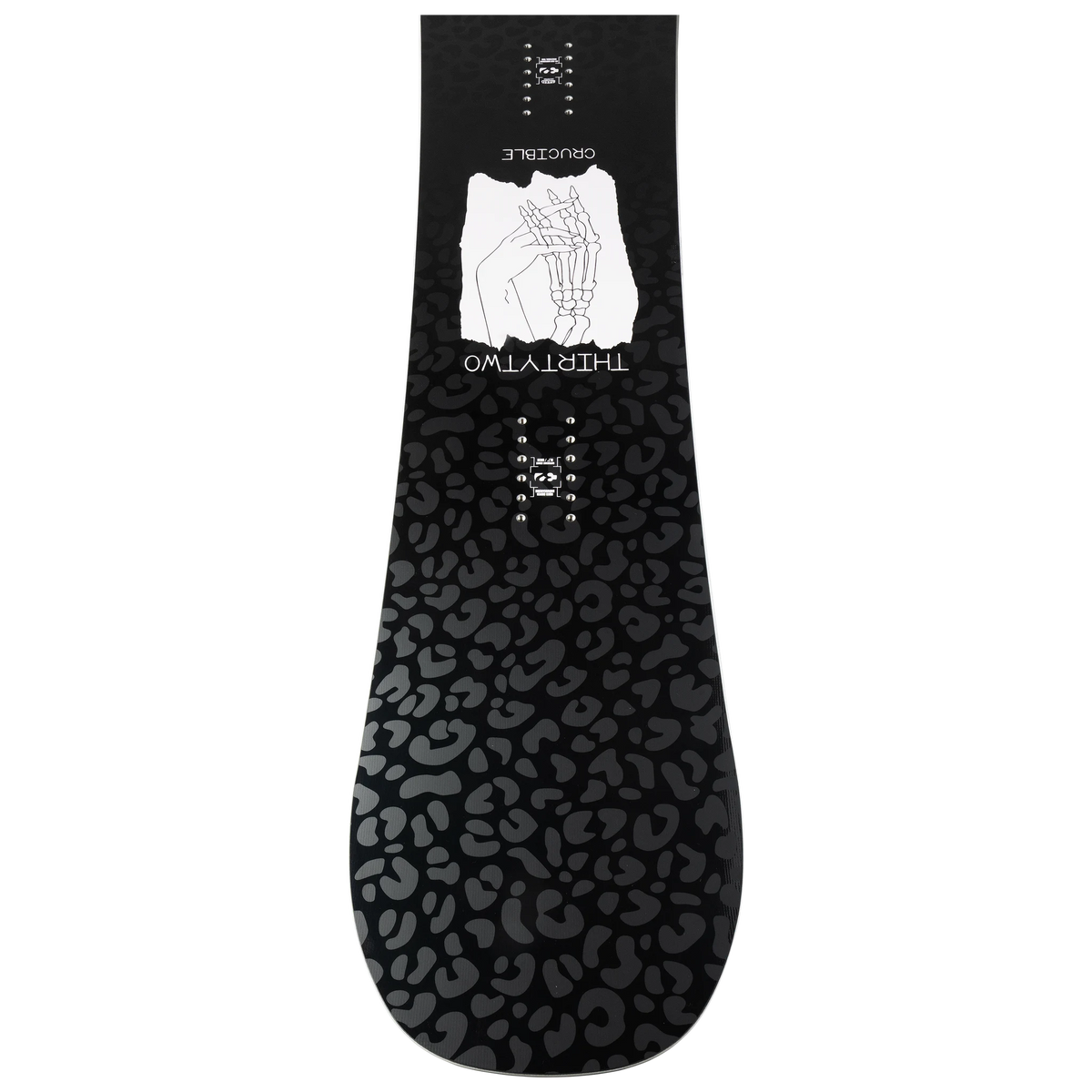 ThirtyTwo Women’s Crucible snowboard, full board view with graphic design and bindings