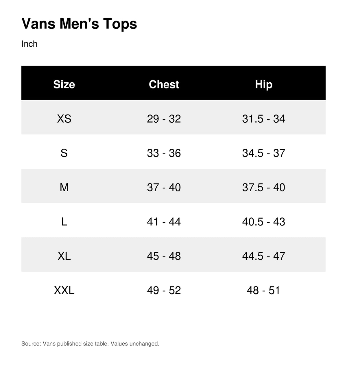 vans manufacturer mens tops size chart inches
