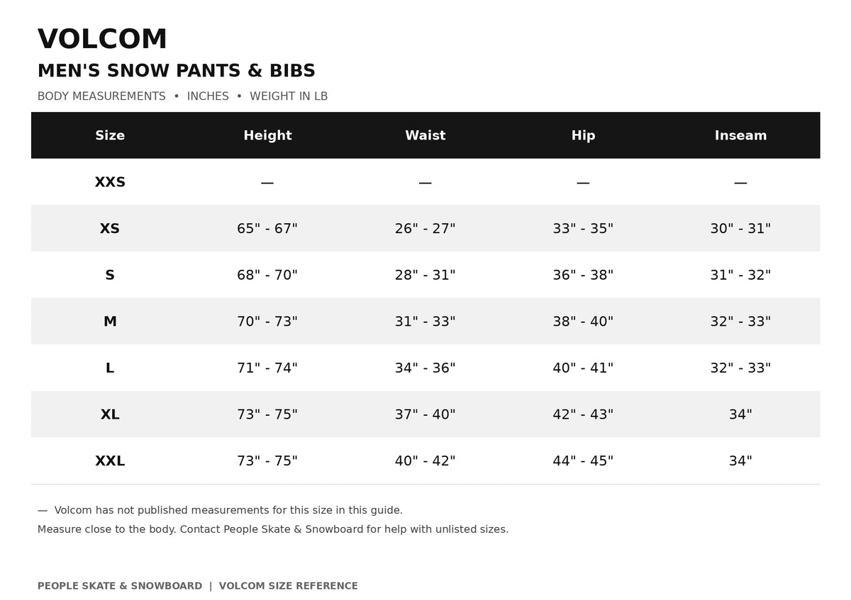 Volcom men's V.Co Sparta bib snow pants size chart in black, showing measurements for snow pants and bibs