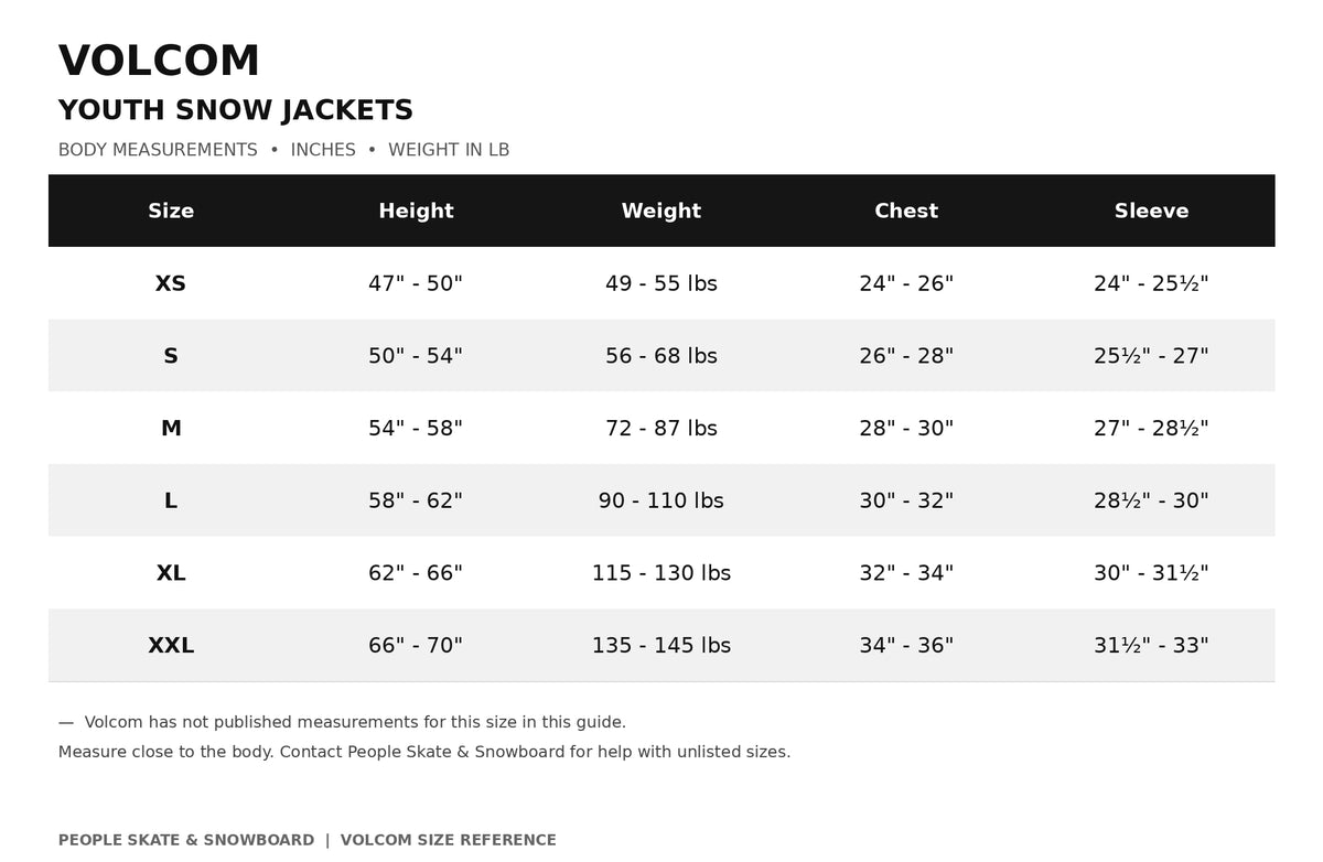 Volcom kids' Chaos insulated snow jacket size chart in Desert Taupe
